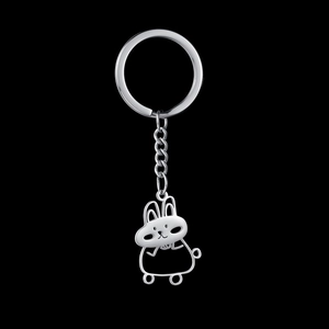 Cartoon rabbit keychain made of polished silver stainless steel with minimalist line art