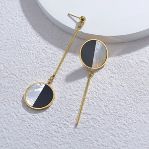 Asymmetric gold stainless steel earrings with black and white mother of pearl inlay