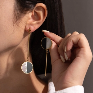 Asymmetrical Dangle Earrings For Women 304 Stainless Steel Mother Of Artificial Pearl Round Geometric Long Drop Chic Jewelry