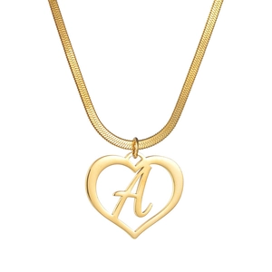 Minimalist gold heart pendant necklace with letter A engraving on a sleek snake chain