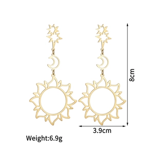 Detailed view of gold sun moon star earrings with dimensions 8cm long and 3.9cm wide