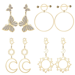 French vintage butterfly 18K gold earrings set with celestial moon and star charms