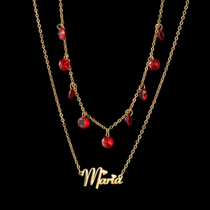 Collier double rang en acier inoxydable 304 doré avec pierres rouges et pendentif Maria