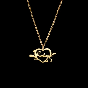 Custom gold heart pendant necklace in polished stainless steel with delicate name engraving