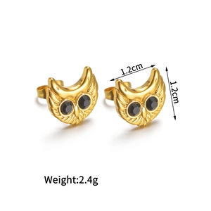 18K gold plated stainless steel owl stud earrings with black gemstone eyes for women