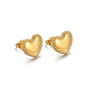Detailed close-up of matte 18K gold heart stud earrings with beaded textured border