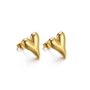 Detailed macro view of 18K gold plated heart stud earrings with polished metal finish