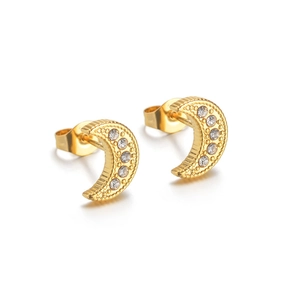 Close-up of golden crescent moon earrings with inlaid zircons and beaded edge texture