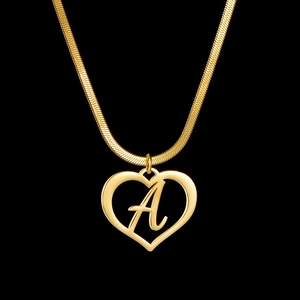 Gold-plated herringbone chain necklace with an artistic letter A inside a hollow heart pendant