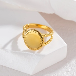 French vintage style gold round ring with radial texture and twisted rope band