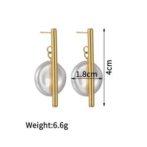 Minimalist gold bar earrings with white pearl accents on a clean white background