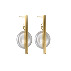 Minimalist 18K gold plated bar earrings featuring elegant white pearls on white background