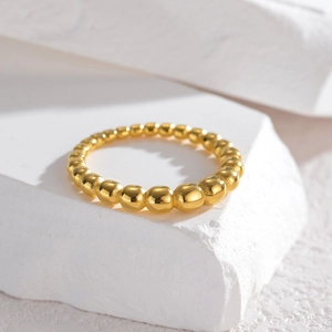 Minimalist geometric beaded gold ring in stainless steel perlée style for women