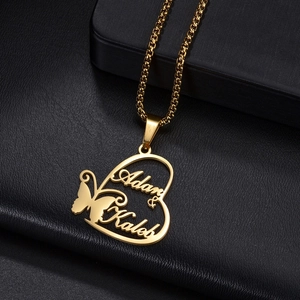 Golden heart pendant necklace with custom names and butterfly detail on leather