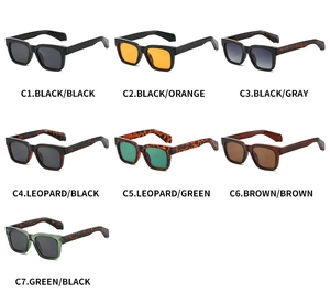 Detailed grid showing seven color variations of square polarized sunglasses with thick frames