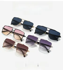 Detailed macro view of square metal sunglasses in multiple color gradients with double bridges