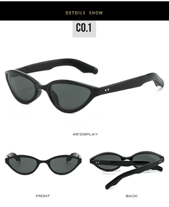 Detailed multi-angle view of black cat-eye sunglasses with metal dot accents and anti-slip tips