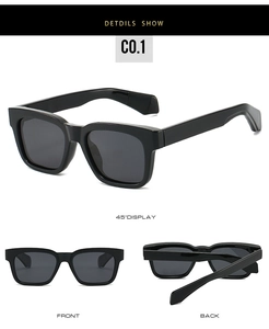 Macro view showing the thick black frame and grey polarized lenses of square sunglasses