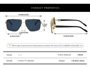 Detailed size chart for unisex square metal sunglasses with frame dimensions and weight