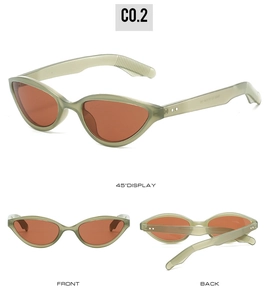 Detailed multi-angle views of olive green cat-eye sunglasses with amber lenses