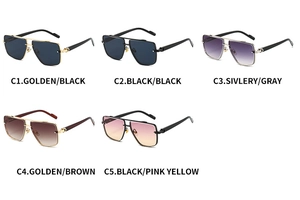 Macro view of rimless square sunglasses featuring C-shaped metal hinge detailing