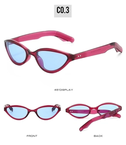 Detailed multi-angle view of vintage cat-eye sunglasses with translucent purple frames