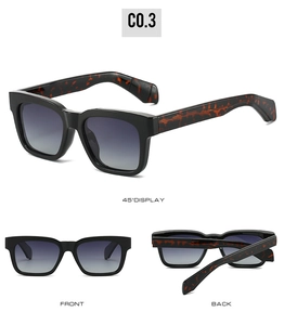 Three-way view of square polarized sunglasses with tortoiseshell temples and gradient lenses