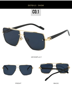Macro detail of square metal sunglasses featuring signature C-shaped hinge decoration