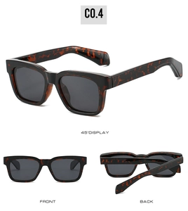 Three views of square polarized tortoiseshell sunglasses with detailed frame and lenses