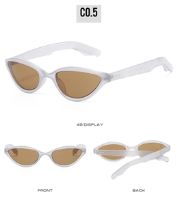 Three perspectives of retro cat eye sunglasses with frosted white frames and brown lenses