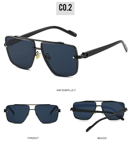 Three-view display of black pilot sunglasses with blue lenses and classic double bridge