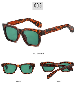 Detailed views of vintage tortoise square sunglasses with dark green polarized lenses