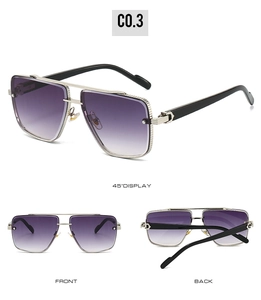 Macro view of oversized rimless square sunglasses with gradient purple lenses and C-shape hinges
