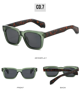 Three views of square olive green polarized sunglasses with tortoise shell temples