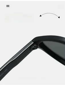 Detail of durable metal hinge on classic black cat-eye sunglasses with size specifications