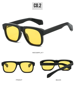 Vues détaillées de lunettes de soleil carrées polarisées avec monture noire et verres jaunes