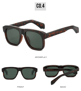 Vues sous trois angles de lunettes de soleil carrées rétro avec monture écaillée et verres verts