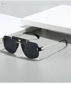 Detailed view of silver metal top bar and gradient lenses on semi-rimless sunglasses