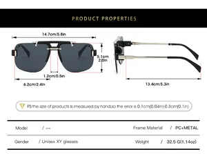 Detailed size chart for square semi-rimless sunglasses showing frame dimensions and weight