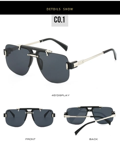Macro view of silver metal bridge and black semi-rimless lens on luxury square sunglasses