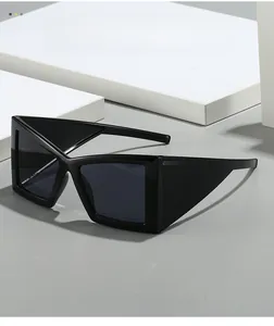 Macro detail of thick high-quality frame and wide temples on black cat eye sunglasses