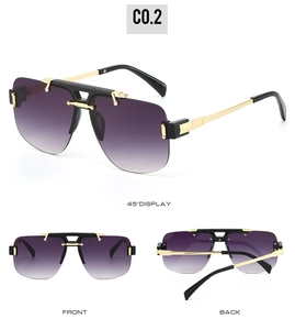 Detail view of semi-rimless square sunglasses with purple gradient lenses and gold metal frame