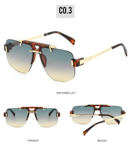 Detail view of semi-rimless square sunglasses with tortoiseshell texture and metal frame
