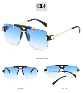 Detailed views of semi-rimless square sunglasses with blue gradient lenses and metal frame