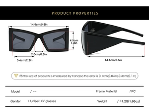 Detailed size specifications for oversized cat eye sunglasses with PC frame measurements