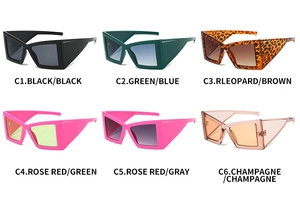 Matrix display of six trendy cat-eye sunglasses in various colors and geometric frames