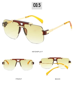Three-way view of semi-rimless square sunglasses with gold metal bridge and amber lenses