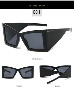 Detailed views of oversized black geometric cat-eye sunglasses with thick frames and grey lenses