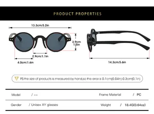 Detailed size chart for retro round cyberpunk sunglasses with precise frame measurements