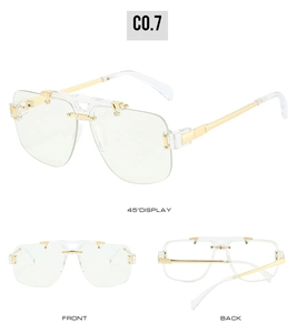 Three views showing semi-rimless square sunglasses with gold C-shape metal hardware